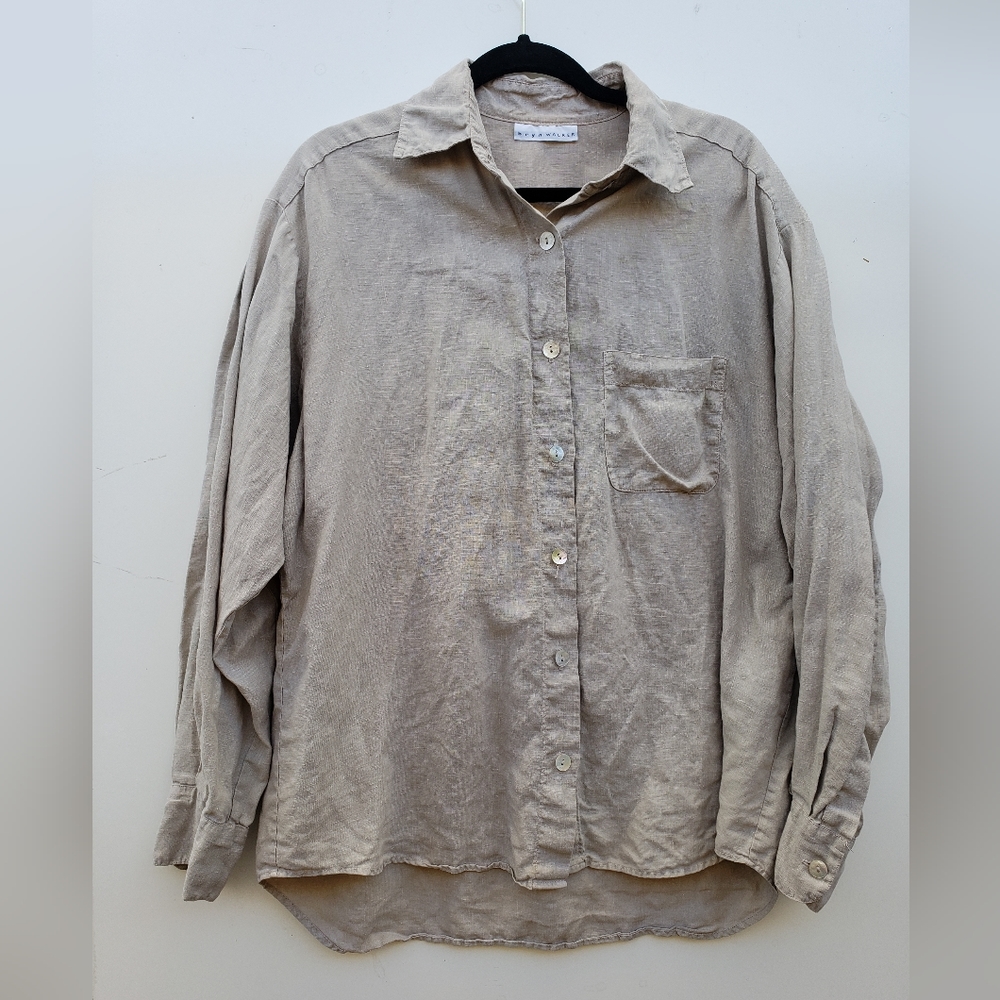 Bryn Walker Button Down Linen Shirt Blouse Tan Womens M Lagenlook Classic